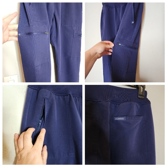 Jaanuu Navy Blue Scrub Set Short Sleeve Zip Top 7-Pocket Cargo Pants Size XS - Picture 15 of 16
